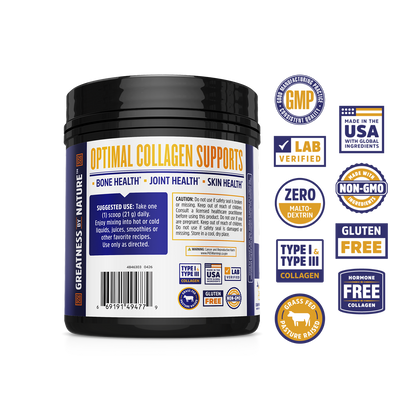 Zhou Nutrition MCT Collagen jar with orange label, gut health support, shown with certification badges.