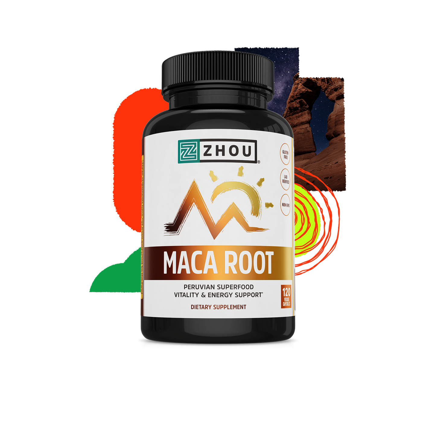 A bottle of Zhou Nutrition Maca Root supplement for natural energy, with abstract shapes and a nature photo behind.