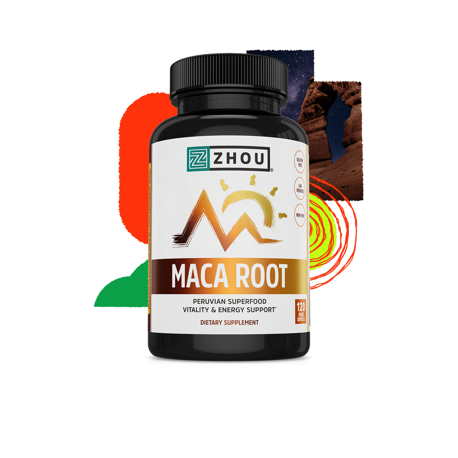 A bottle of Zhou Nutrition Maca Root supplement for natural energy, with abstract shapes and a nature photo behind.