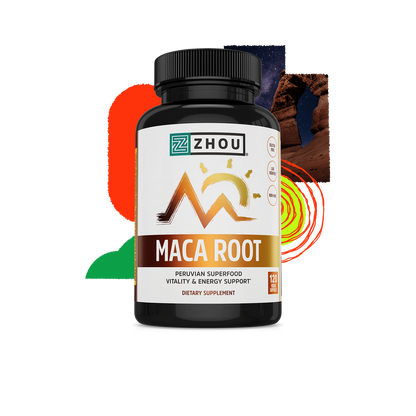 A bottle of Zhou Nutrition Maca Root supplement for natural energy, with abstract shapes and a nature photo behind.