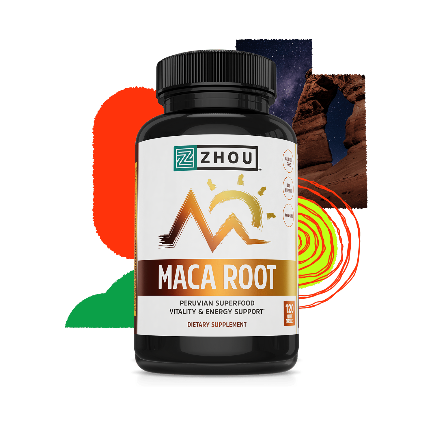 A bottle of Zhou Nutrition Maca Root supplement with colorful abstract shapes in the background.