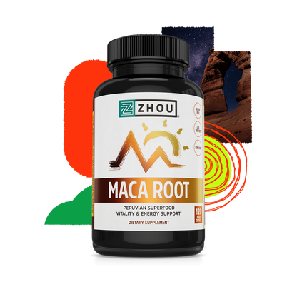 A bottle of Zhou Nutrition Maca Root supplement with colorful abstract shapes in the background.