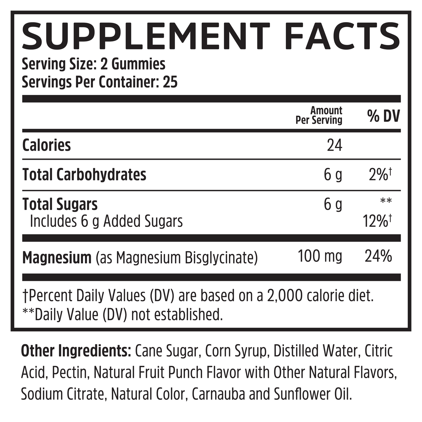 Supplement Facts for Zhou Nutrition Mag Glycinate Gummies: serving size, calories, carbs, sugars, magnesium for nerves & more.