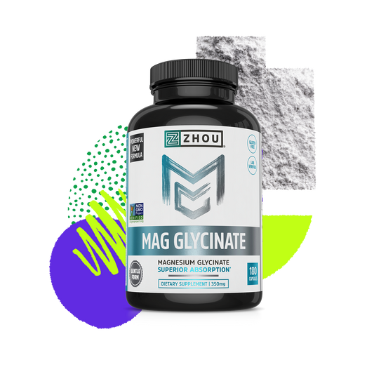 A bottle of Zhou Nutrition Magnesium Glycinate is shown with abstract shapes and powder in the background.