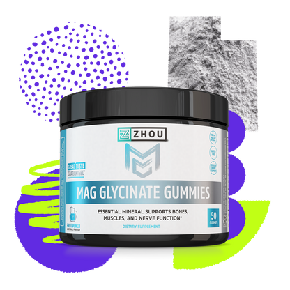 A jar of Zhou Nutrition Mag Glycinate Gummies with colorful shapes supports nerve function and cellular energy.