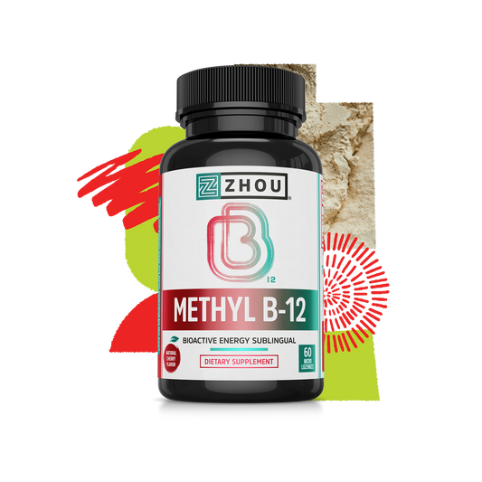 Black bottle of Zhou Nutrition Methyl B12 vegan supplement with colorful abstract shapes in the background.