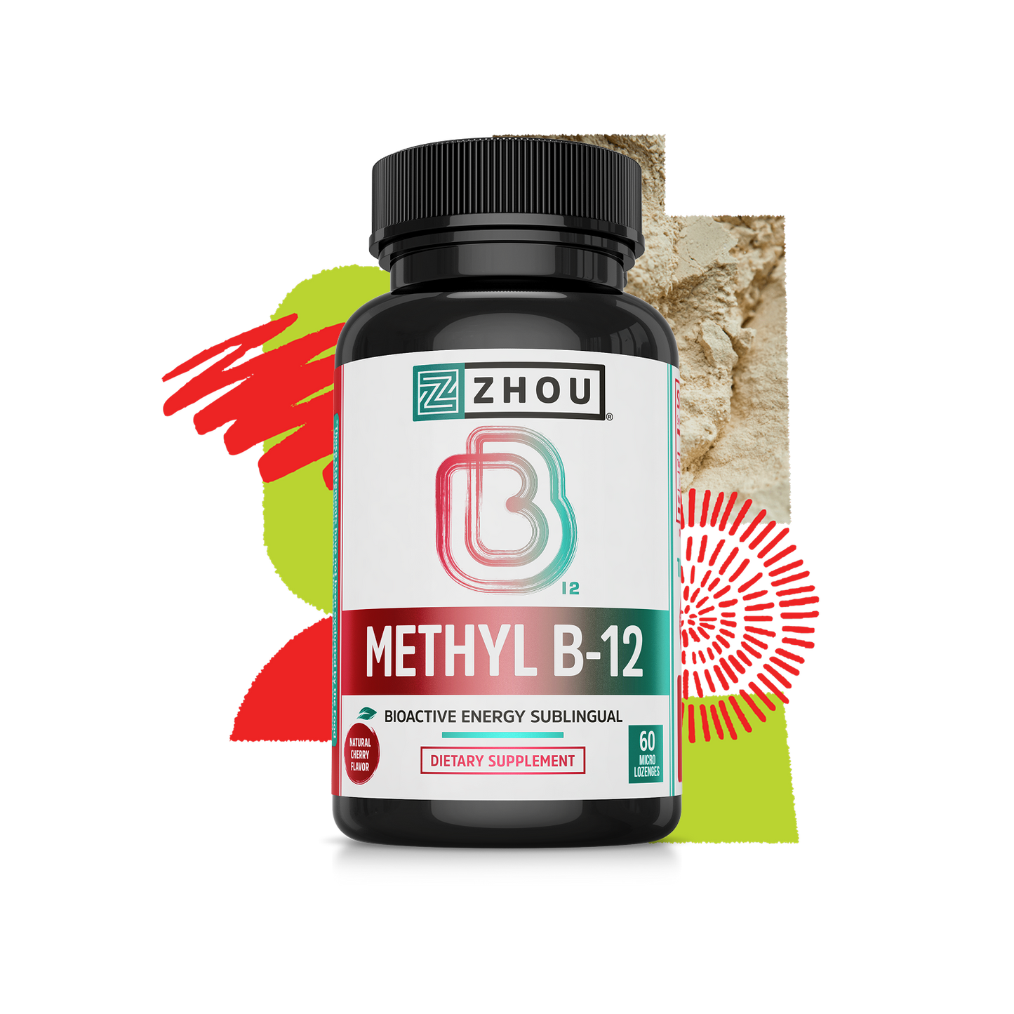 A bottle of Zhou Nutrition Methyl B12 dietary supplement with colorful abstract shapes in the background.