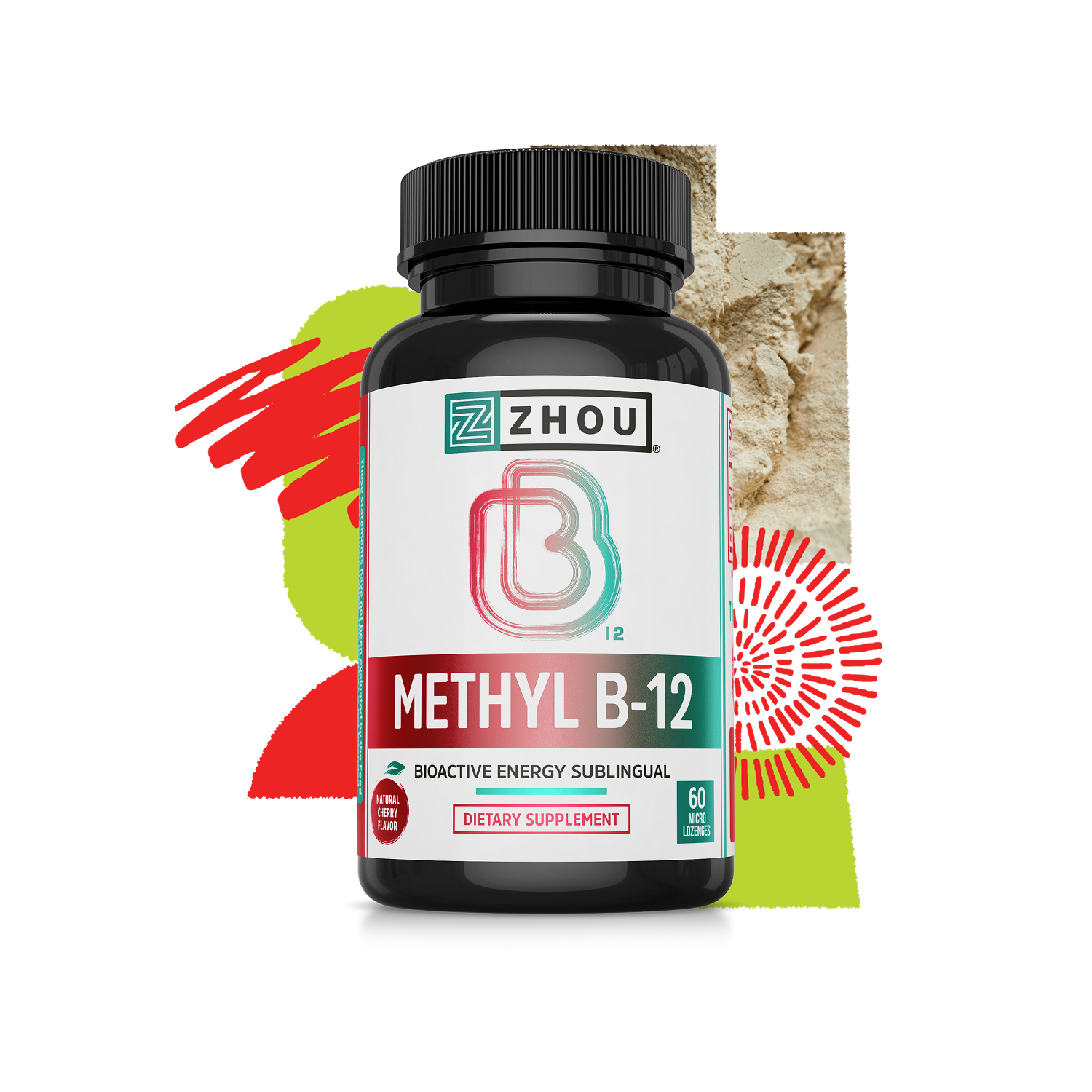 A bottle of Zhou Nutrition Methyl B12 dietary supplement with colorful abstract shapes in the background.