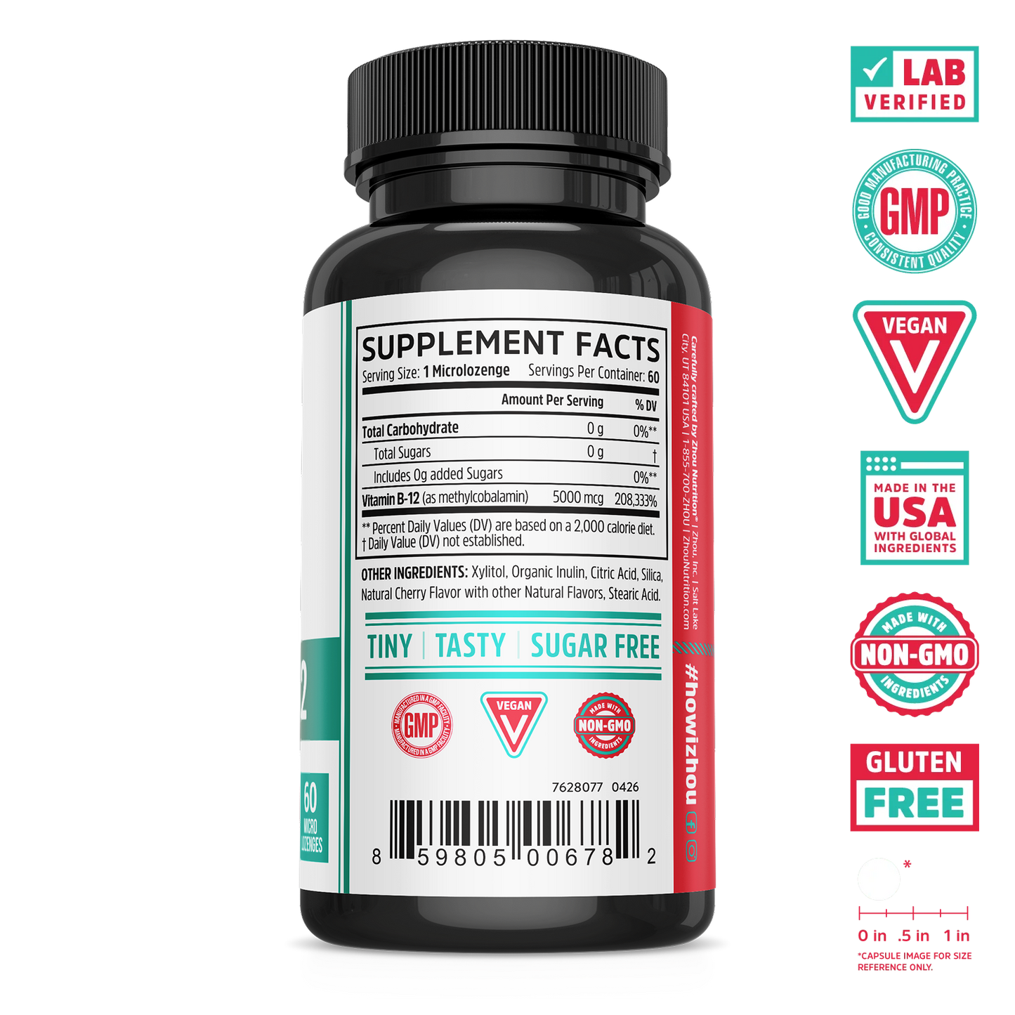 A black Zhou Nutrition Methyl B12 bottle with nutrition facts & Vegan, Gluten-Free, Non-GMO badges beside it.