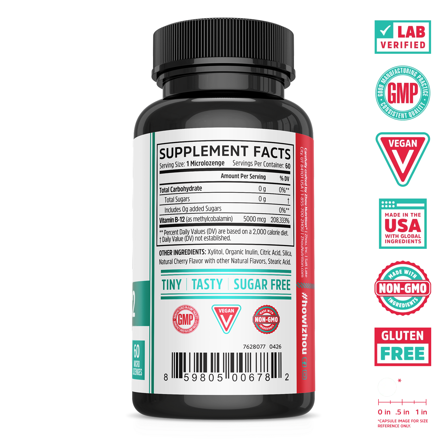 A black Zhou Nutrition Methyl B12 bottle with nutrition facts & Vegan, Gluten-Free, Non-GMO badges beside it.