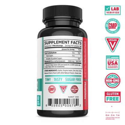 A black Zhou Nutrition Methyl B12 bottle with nutrition facts & Vegan, Gluten-Free, Non-GMO badges beside it.