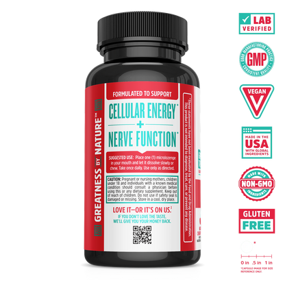 A black Zhou Nutrition Methyl B12 supplement bottle for cellular energy and nerve function, with certification badges.