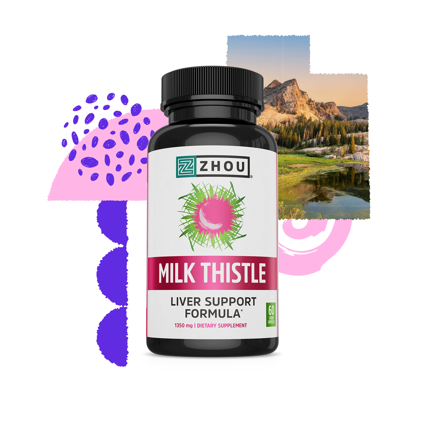 A bottle of Zhou Nutrition Milk Thistle for liver health, with abstract shapes and mountains in the background.