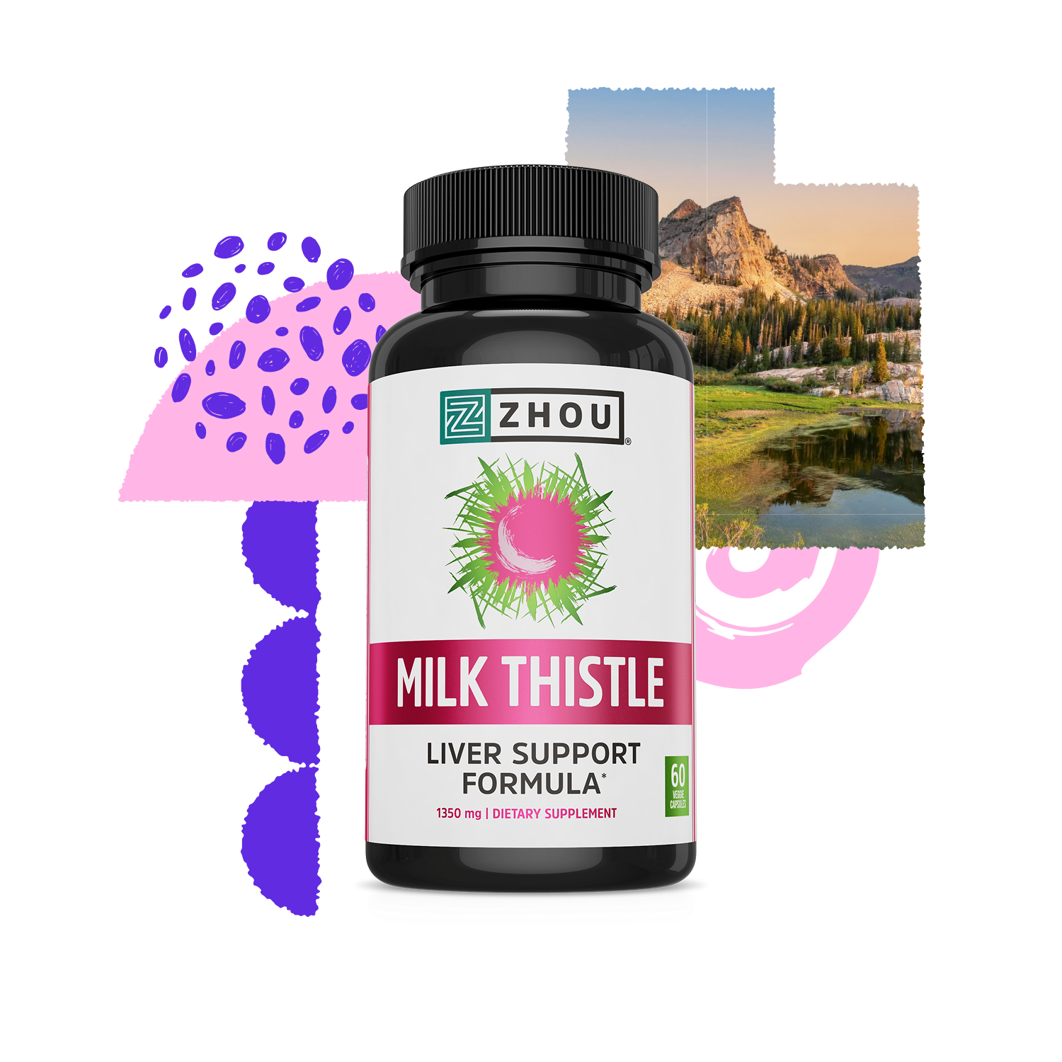 A bottle of Zhou Nutrition Milk Thistle for liver health, with abstract shapes and mountains in the background.
