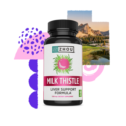 A bottle of Zhou Nutrition Milk Thistle for liver health, with abstract shapes and mountains in the background.