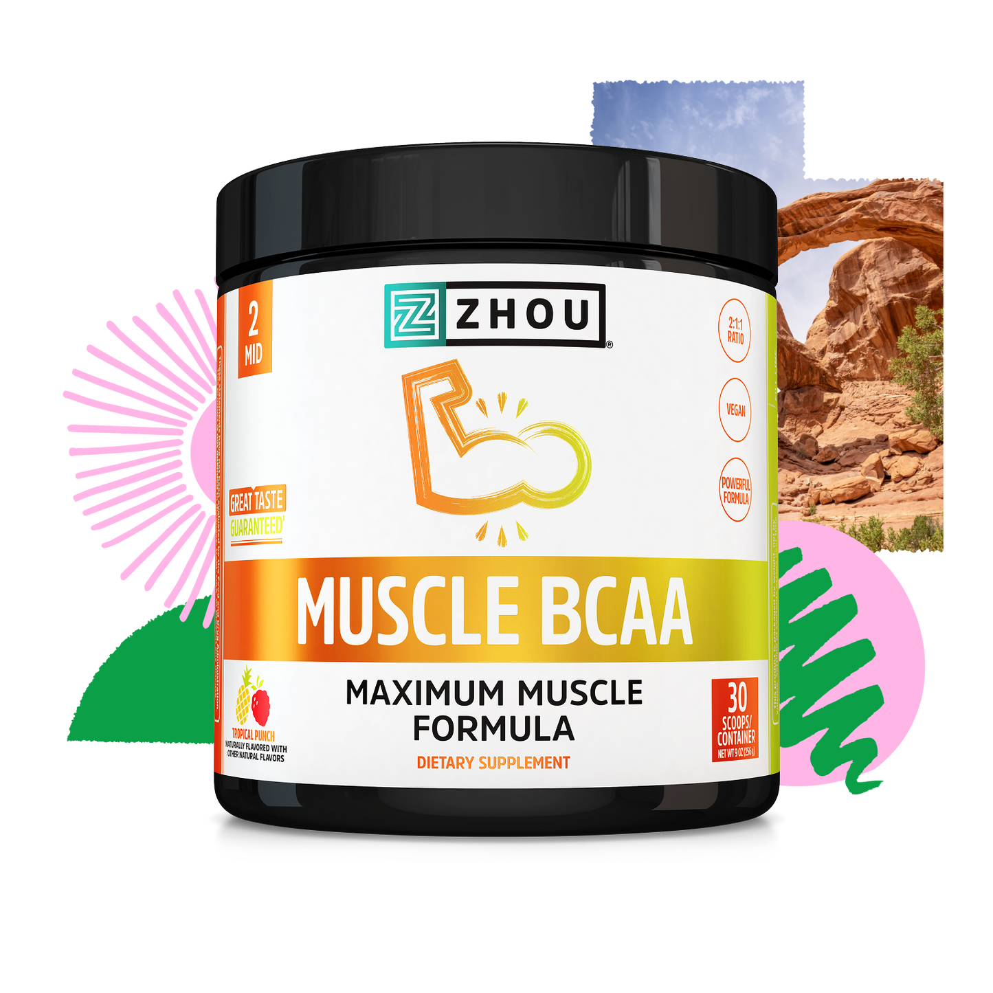 Zhou Nutrition Muscle BCAA vegan supplement with colorful abstract shapes and a desert rock arch in the background.