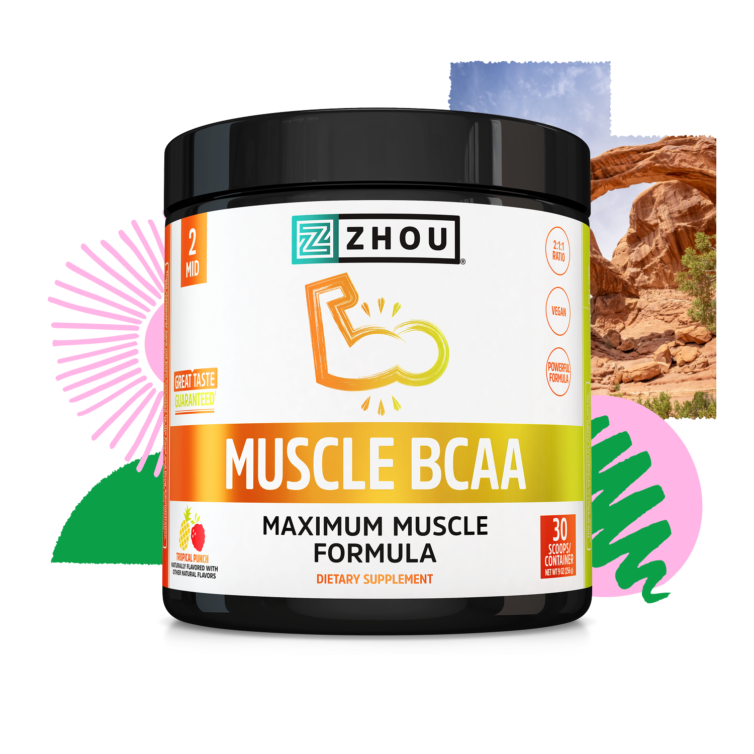 Zhou Nutrition Muscle BCAA vegan supplement with colorful abstract shapes and a desert rock arch in the background.