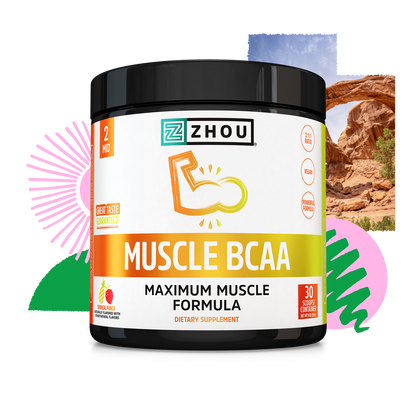 Zhou Nutrition Muscle BCAA vegan supplement with colorful abstract shapes and a desert rock arch in the background.