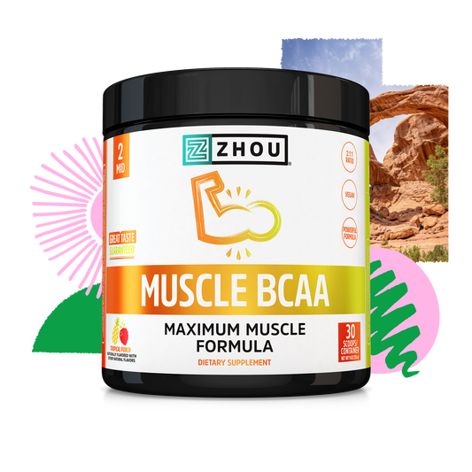 A container of Zhou Nutrition Muscle BCAA for muscle recovery, with abstract shapes and a canyon landscape behind it.