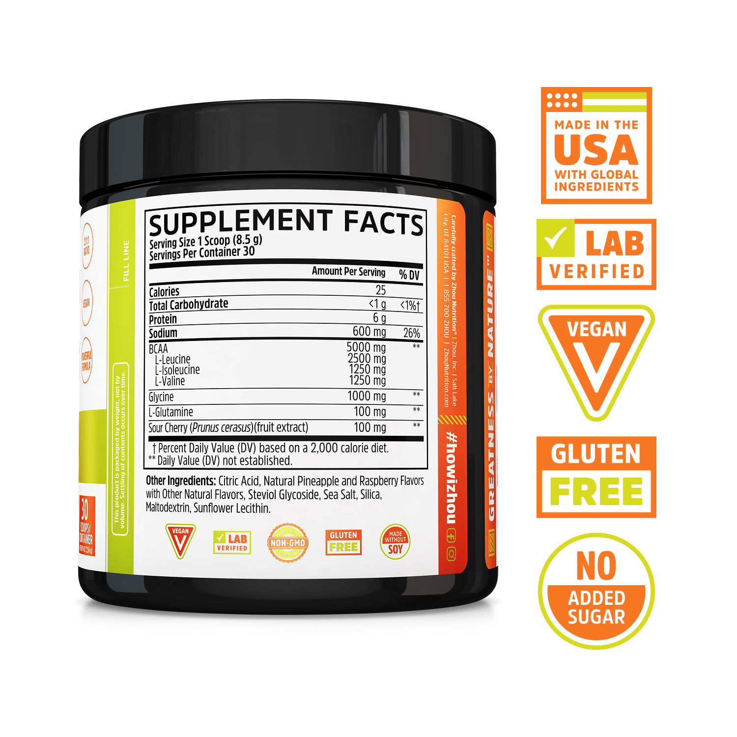 Muscle BCAA by Zhou Nutrition: Lab Verified, Vegan, Made in USA—perfect for muscle recovery & BCAA support.