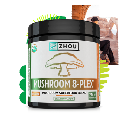 Zhou Nutrition Mushroom 8-Plex jar with green and yellow accents in the background.