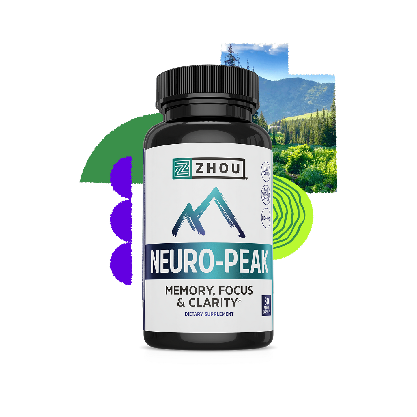 Black bottle of Zhou Nutrition Neuro-Peak memory supplement with a background of trees and mountains.