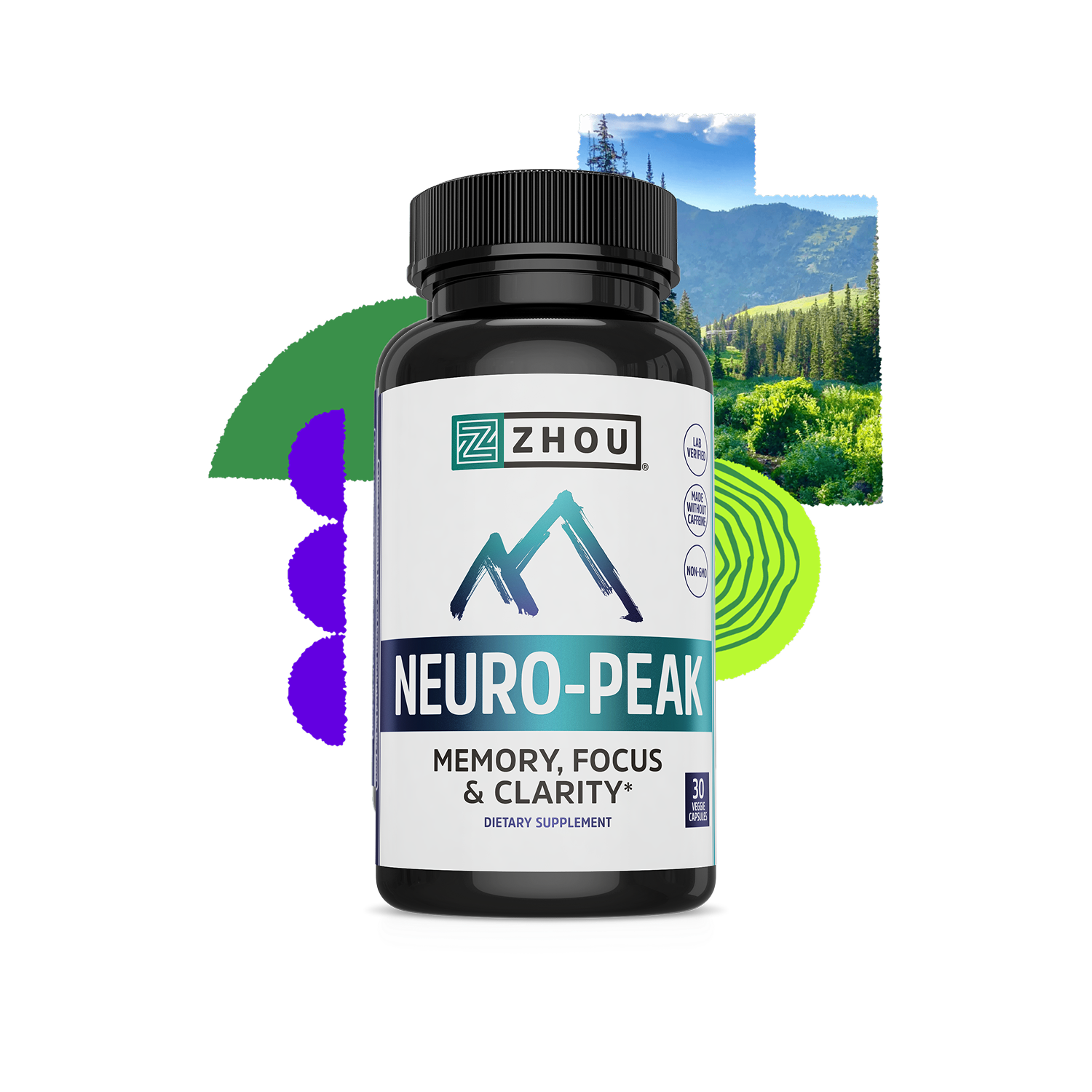 Black bottle of Zhou Nutrition Neuro-Peak memory supplement with a background of trees and mountains.