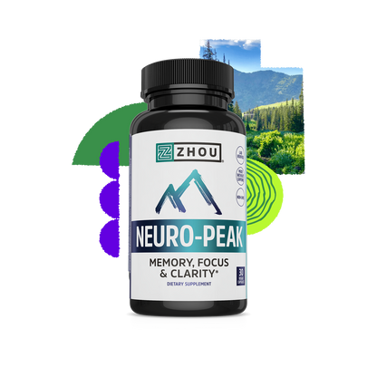Black bottle of Zhou Nutrition Neuro-Peak memory supplement with a background of trees and mountains.