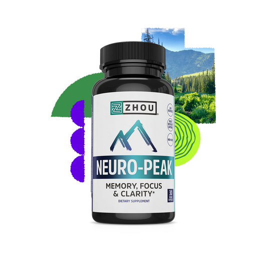 Black bottle of Zhou Nutrition Neuro-Peak memory supplement with a background of trees and mountains.