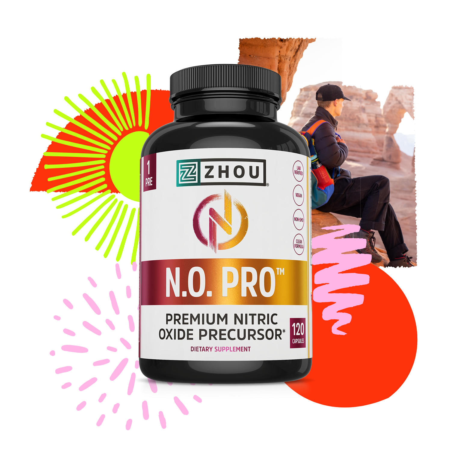 A bottle of Zhou Nutrition N.O. Pro with nitric oxide formula, shown by a hiker resting near a rock formation.