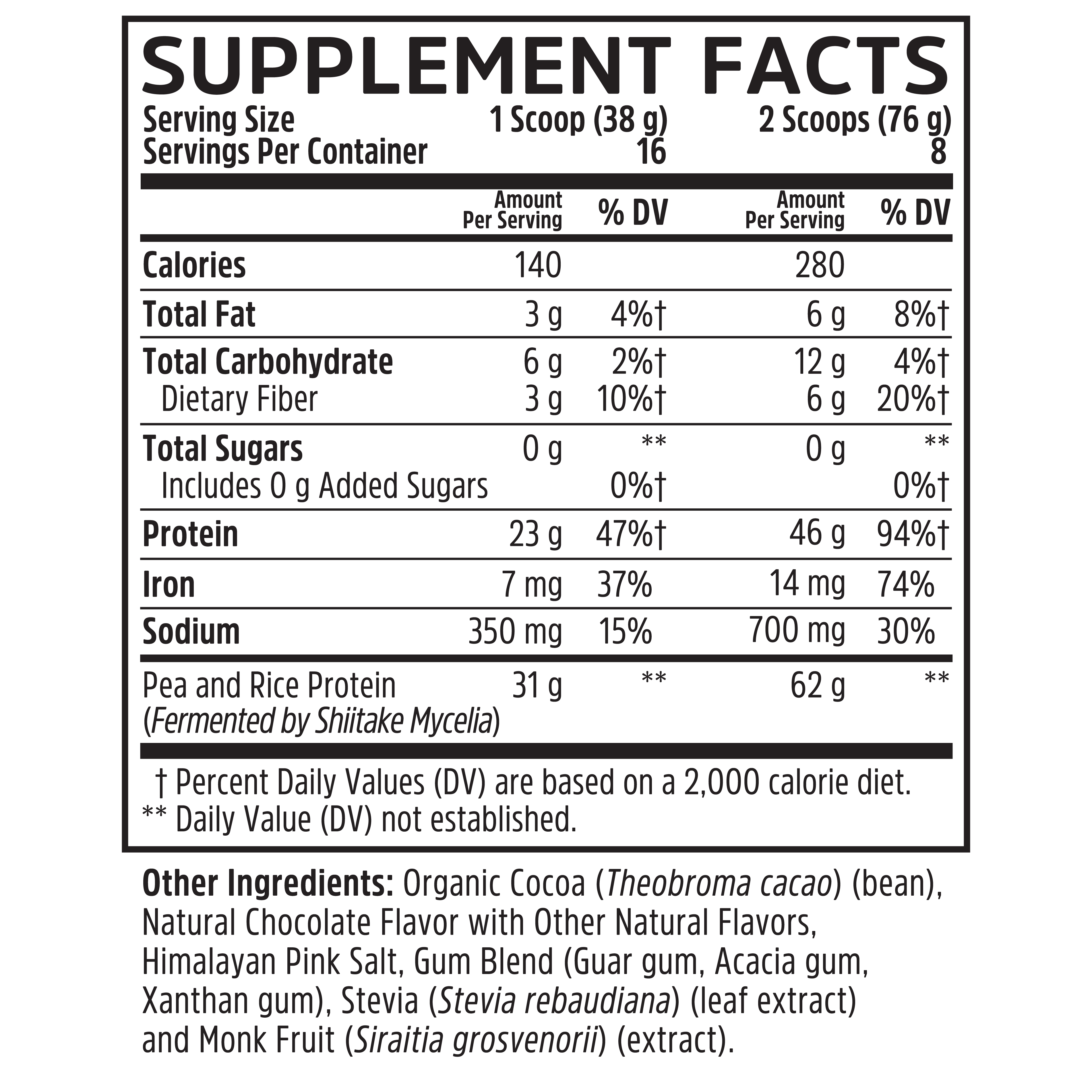 Supplement facts label for Zhou Nutrition Plant Complete vegan protein with full amino profile, calories, fat, carbs & ingredients.