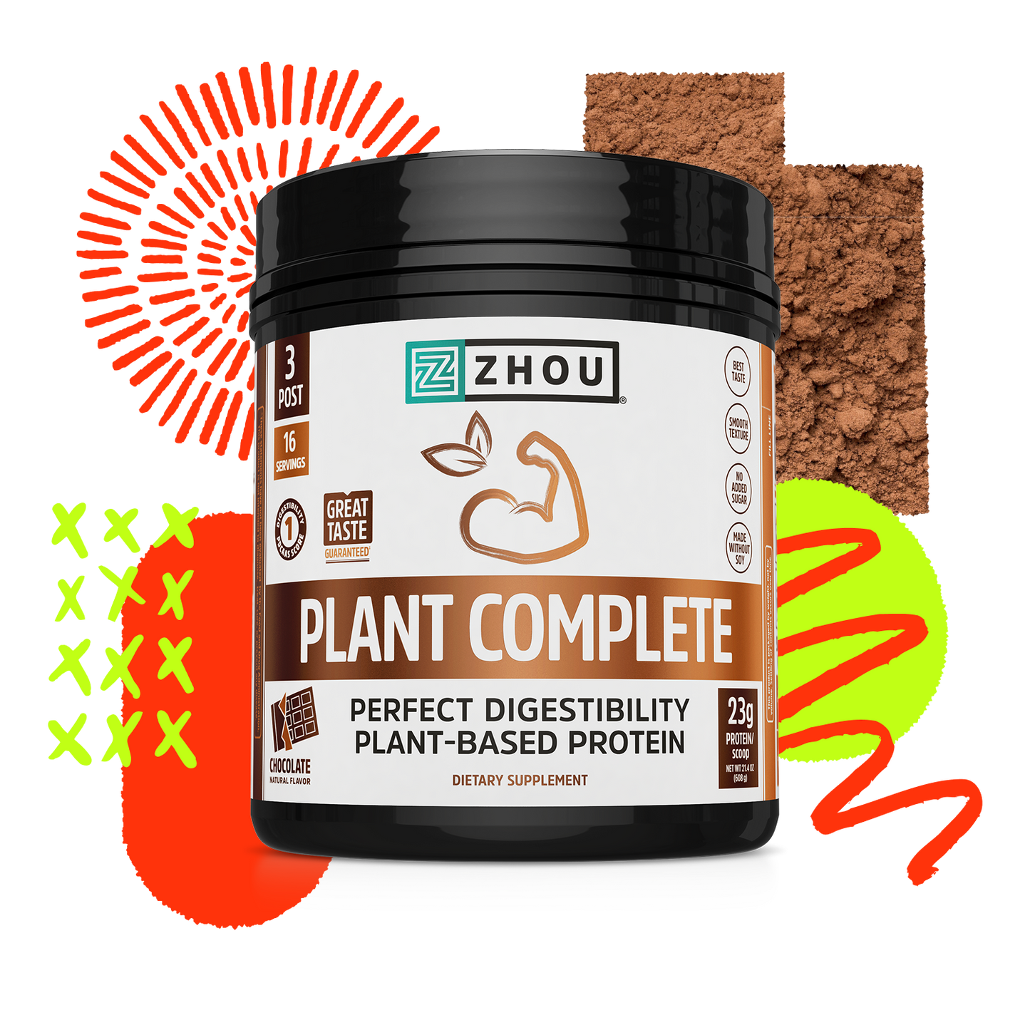 Zhou Nutrition Plant Complete vegan protein powder with all amino acids, shown in a container amid bold colors and cocoa.