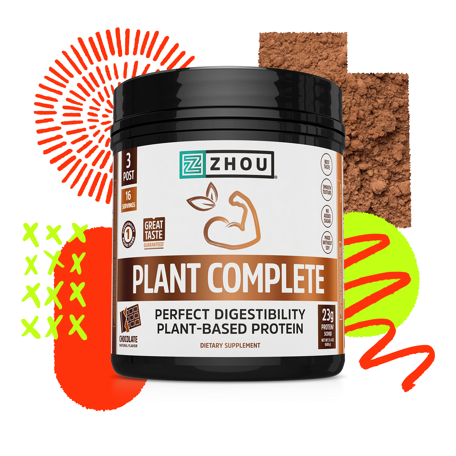 Zhou Nutrition Plant Complete vegan protein powder with all amino acids, shown in a container amid bold colors and cocoa.