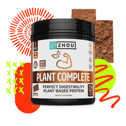 Zhou Nutrition Plant Complete vegan protein powder with all amino acids, shown in a container amid bold colors and cocoa.