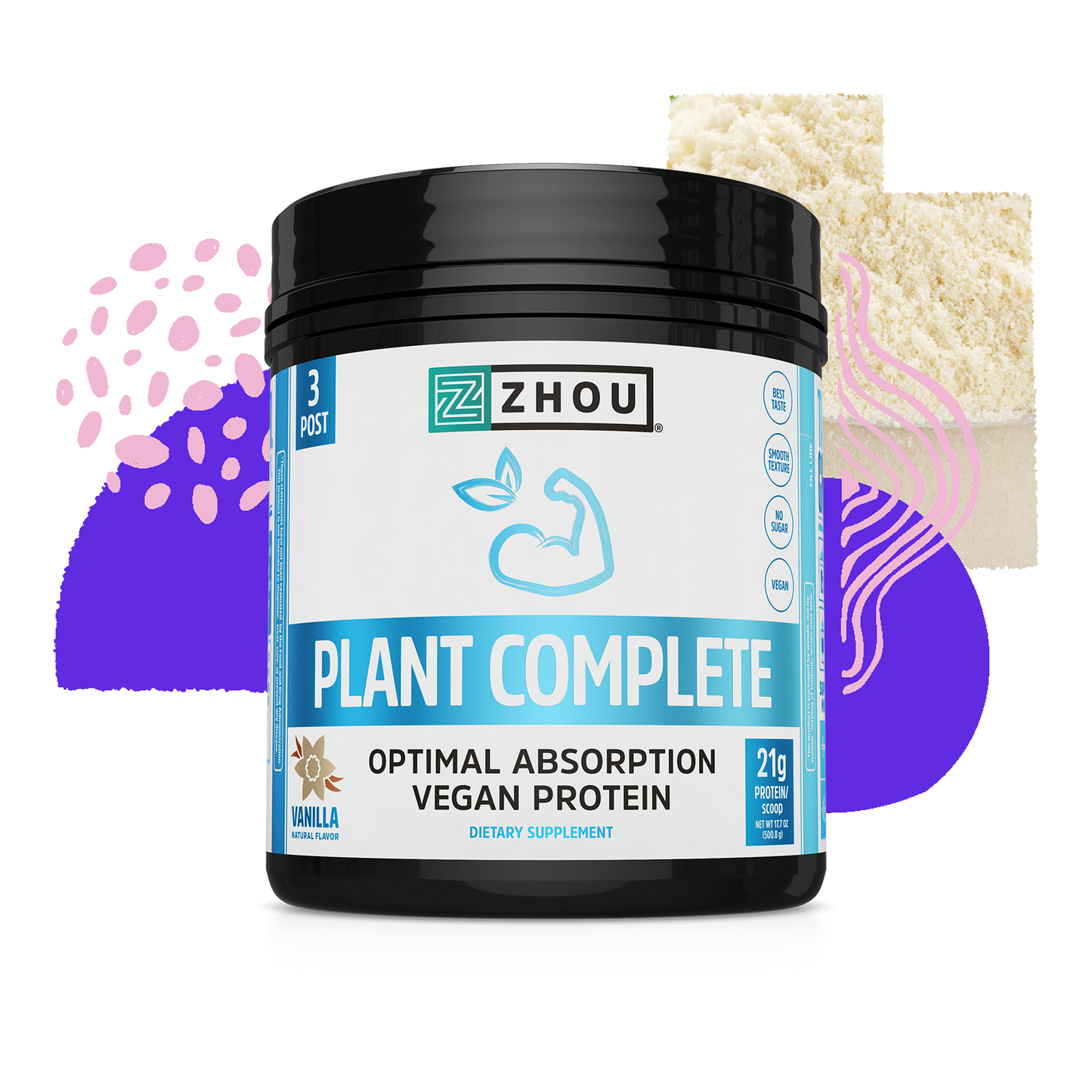 Zhou Nutrition Plant Complete vegan protein features a complete amino acid profile, flexing arm icon, and abstract shapes.