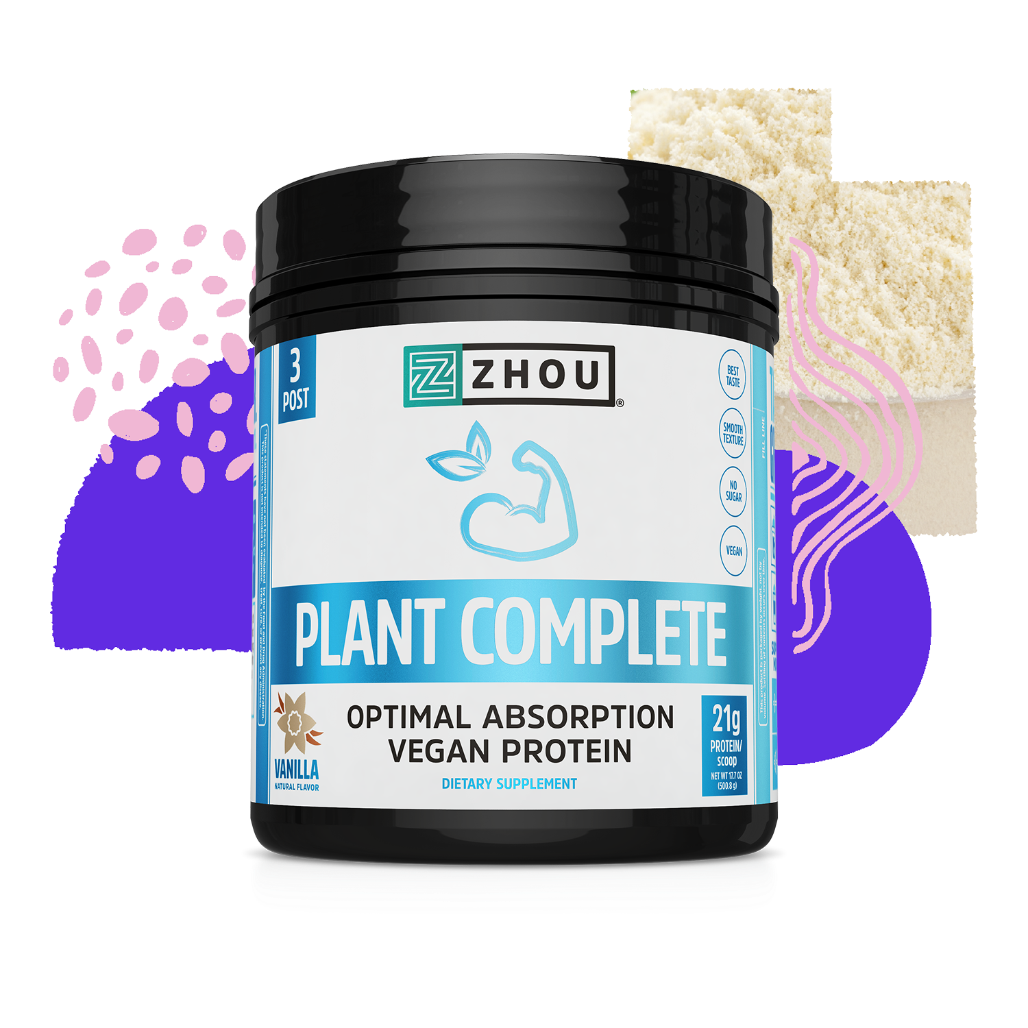 Zhou Nutrition Plant Complete vegan protein features a complete amino acid profile, flexing arm icon, and abstract shapes.