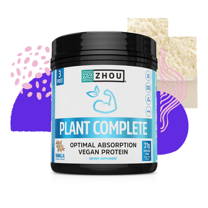 Zhou Nutrition Plant Complete vegan protein features a complete amino acid profile, flexing arm icon, and abstract shapes.