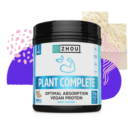 Zhou Nutrition Plant Complete vegan protein features a complete amino acid profile, flexing arm icon, and abstract shapes.