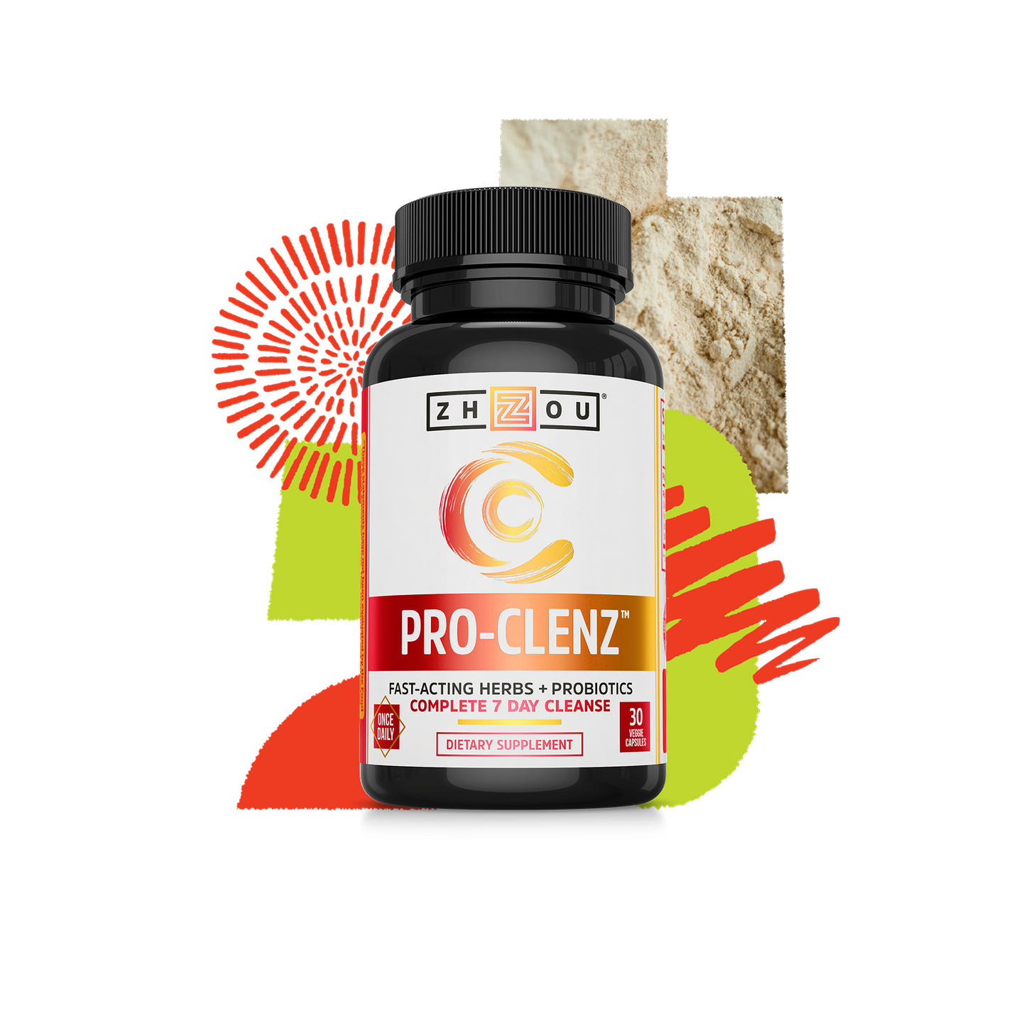 A bottle of Zhou Nutrition Pro-Clenz detox supplement with abstract shapes and powders in the background.