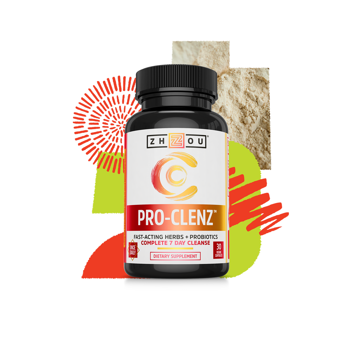A bottle of Zhou Nutrition Pro-Clenz detox supplement with abstract shapes and powders in the background.