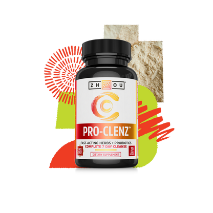 A bottle of Zhou Nutrition Pro-Clenz detox supplement with abstract shapes and powders in the background.