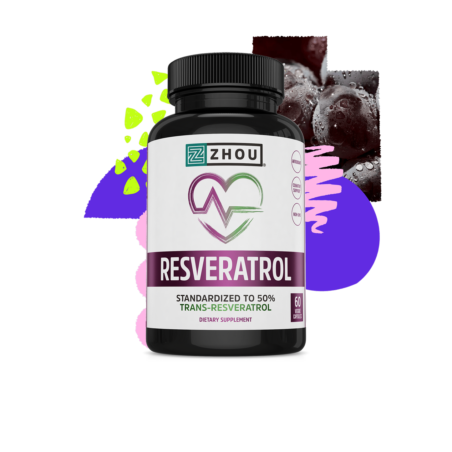 A bottle of Zhou Nutrition Resveratrol with grapes and abstract shapes, supporting heart health and antioxidants.