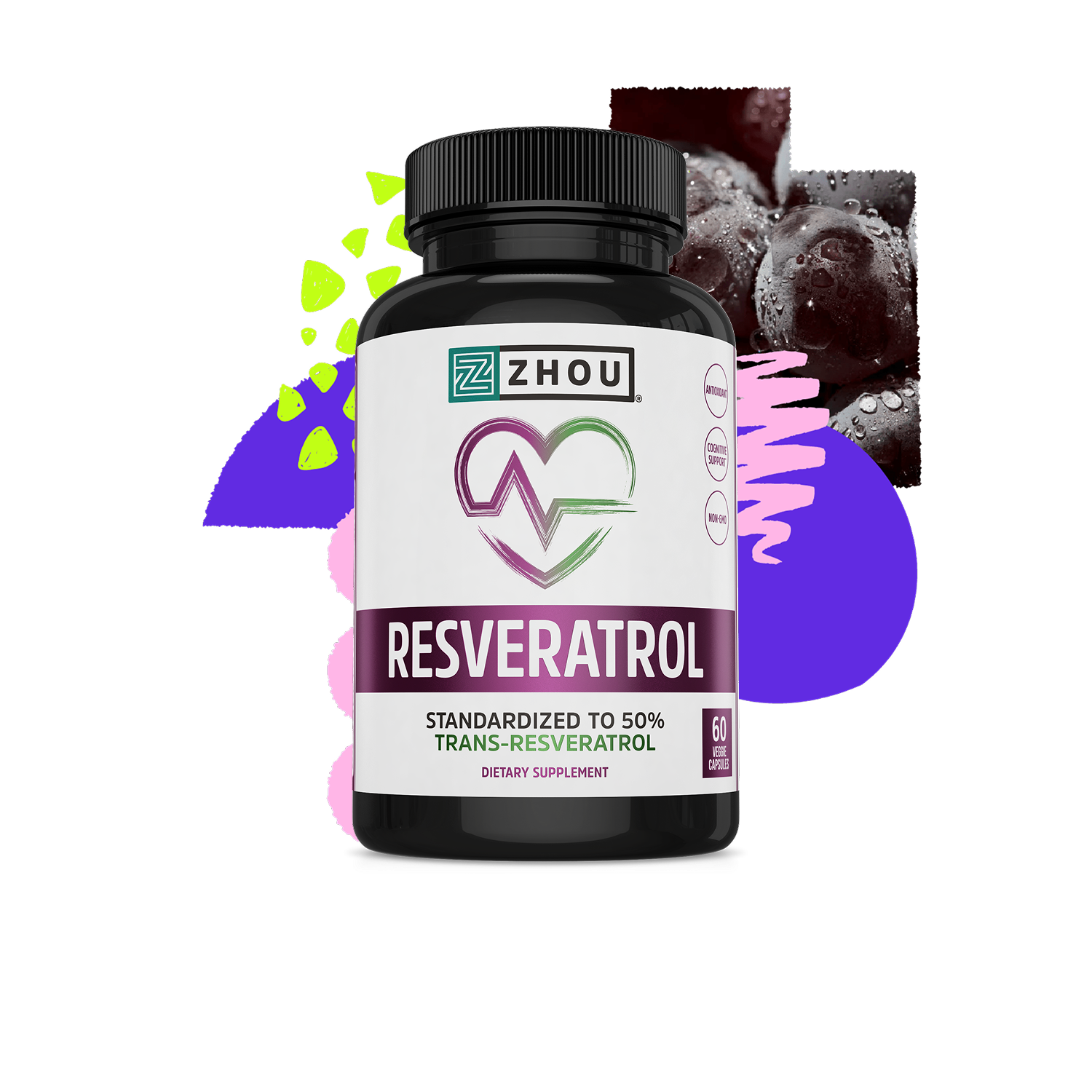 A bottle of Zhou Nutrition Resveratrol with grapes and abstract shapes, supporting heart health and antioxidants.