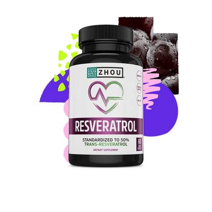 A bottle of Zhou Nutrition Resveratrol with grapes and abstract shapes, supporting heart health and antioxidants.