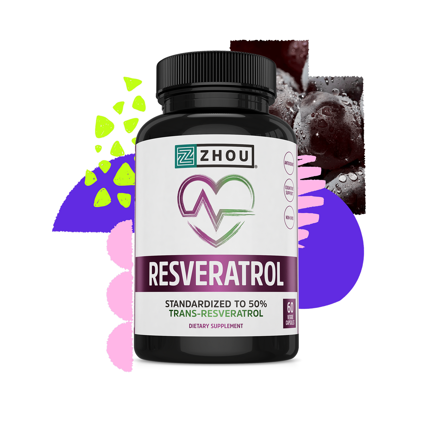 A bottle of Zhou Nutrition Resveratrol is shown, emphasizing antioxidant benefits with grapes in the background.