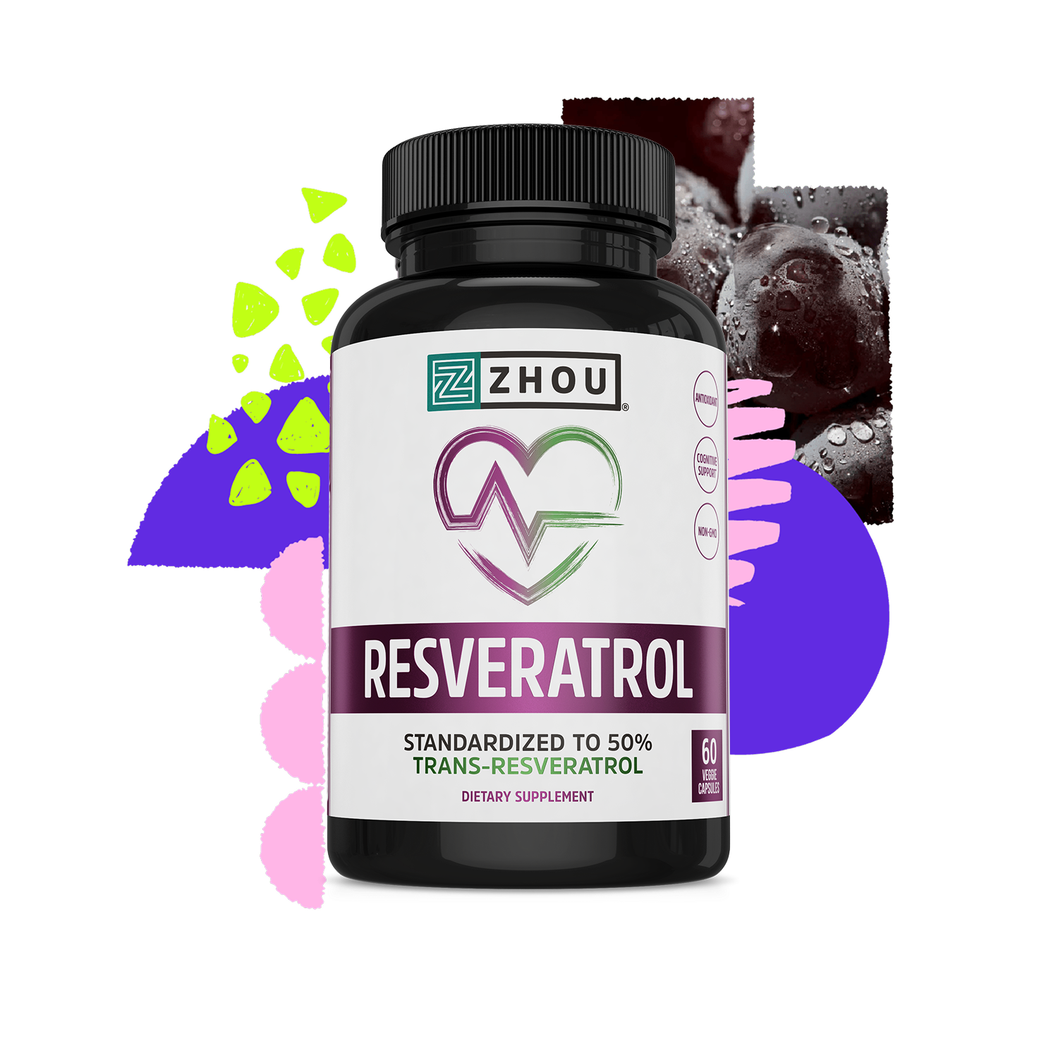 A bottle of Zhou Nutrition Resveratrol is shown, emphasizing antioxidant benefits with grapes in the background.