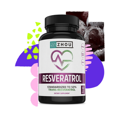 A bottle of Zhou Nutrition Resveratrol is shown, emphasizing antioxidant benefits with grapes in the background.