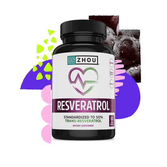 A bottle of Zhou Nutrition Resveratrol is shown, emphasizing antioxidant benefits with grapes in the background.
