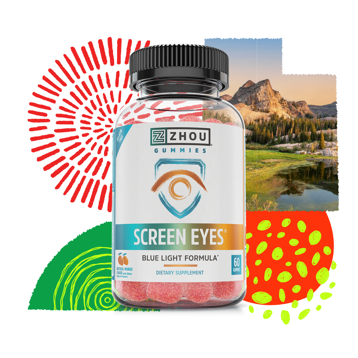 A bottle of Zhou Nutrition Screen Eyes Gummies is displayed with vibrant graphics and a scenic mountain backdrop.