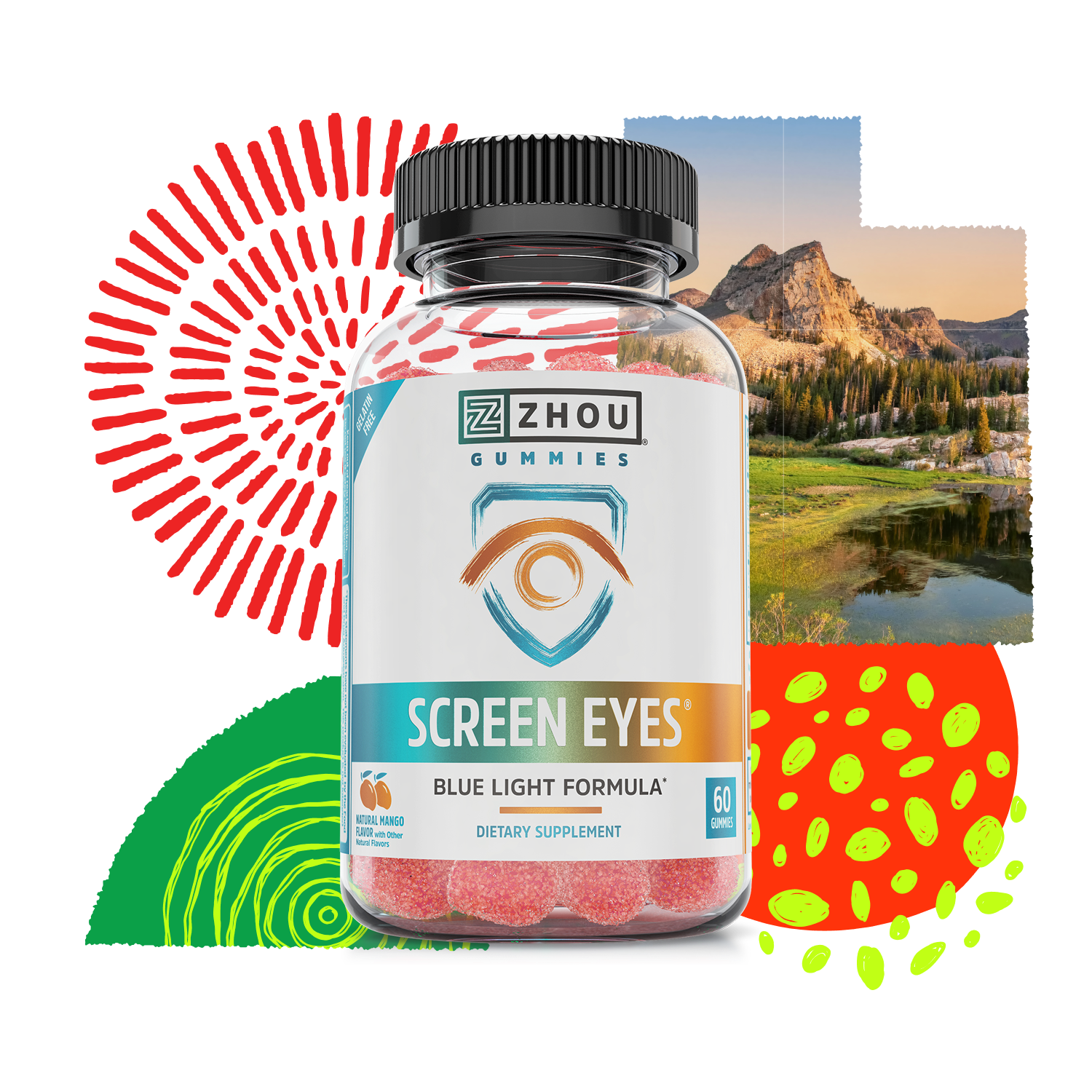 A bottle of Zhou Nutrition Screen Eyes Gummies is displayed with vibrant graphics and a scenic mountain backdrop.